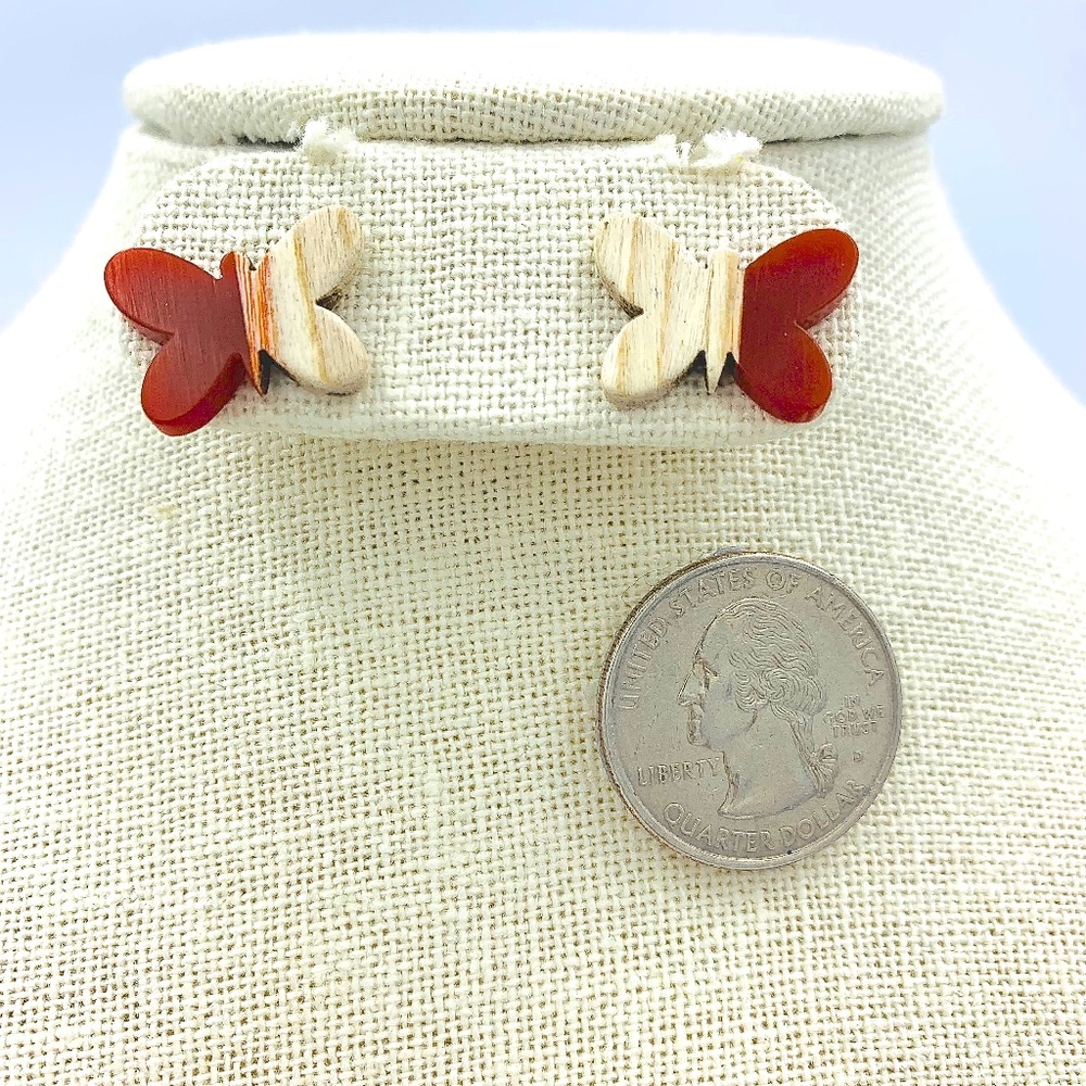 Butterfly Stud Earrings - Red and Wood Color